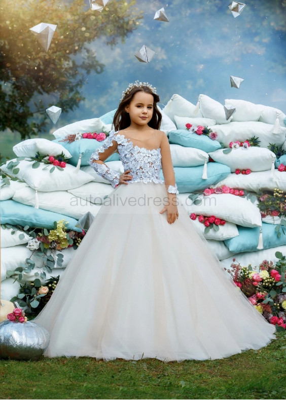 Unique White Lace Champagne Tulle Floral Flower Girl Dress